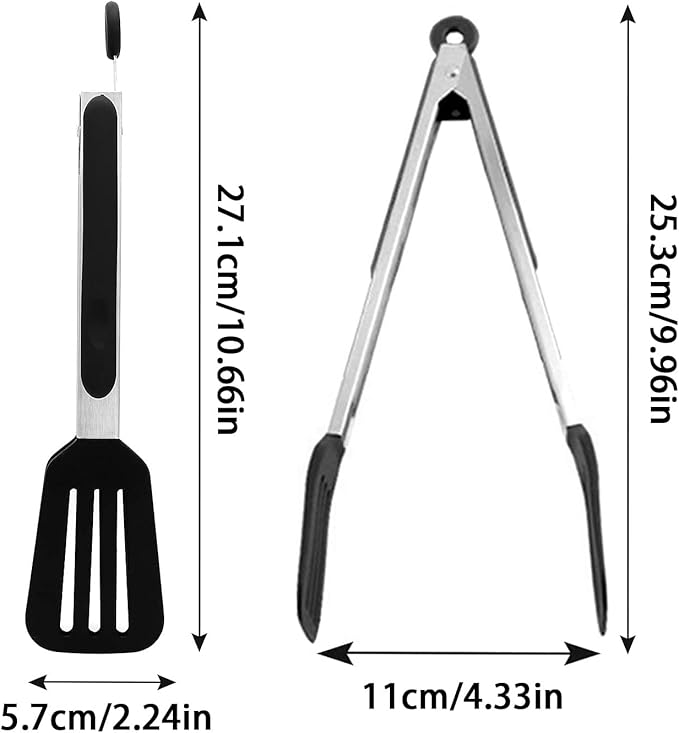 Cooking Tong 9 inches Stainless Steel Kitchen Silicone Serving Tong Heat Resistant Meat Turner Spatula Tongs Fish Tongs with Locking Handle Joint (Black)