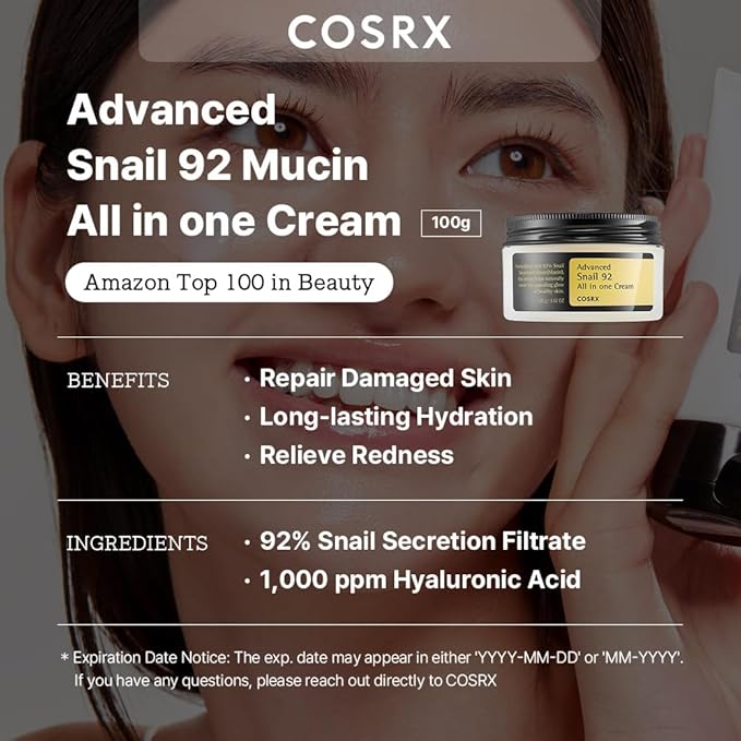 COSRX Snail Mucin 92% Repair Cream, Daily Face Gel Moisturizer for Dry Skin, Acne-prone, Sensitive Skin, Not Tested on Animals, No Parabens, Korean Skincare (3.52 Fl Oz (Pack of 1))-BrightBean Baby