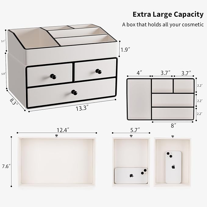 GORESE Leather Makeup Organizer with Drawers for Vanity, Stackable Skincare Holder Dresser Organizer Countertop, Make Up Storage Organizers Counter Cosmetic Display Case Gifts for Women(Cream White)-BrightBean Baby