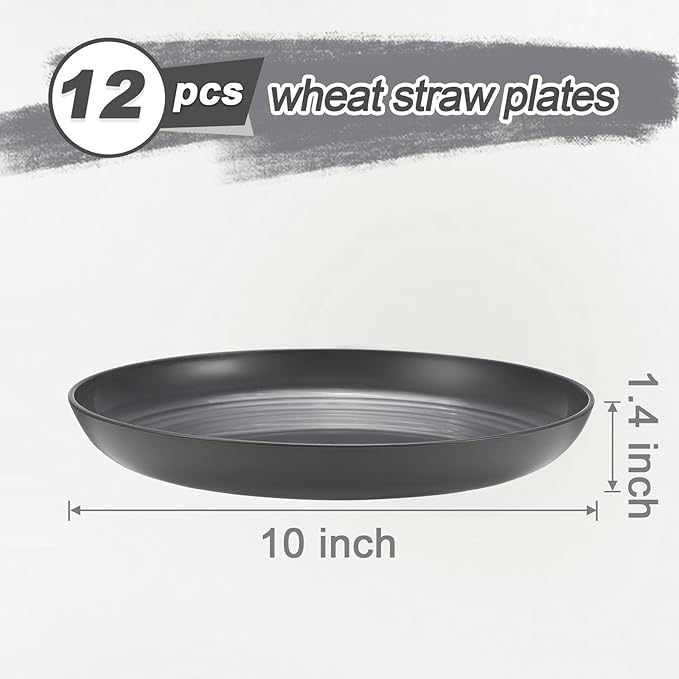 12 Pcs Unbreakable Deep Dinner Plates Set, 10 inch Reusable Plastic Wheat Straw Plates, Microwave and Dishwasher Safe Plate for Kitchen, Lightweight Plate for Dessert, BPA Free, Dark Gray