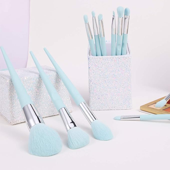 DUcare Makeup Brushes with Holder - 10Pcs Professional Synthetic Make Up Brushes Set for Blush Concealer Foundation Bronzer Powder Eyebrow Contour Eyeshadow Blending Makeup Brush Set, Ice Lake Blue-BrightBean Baby