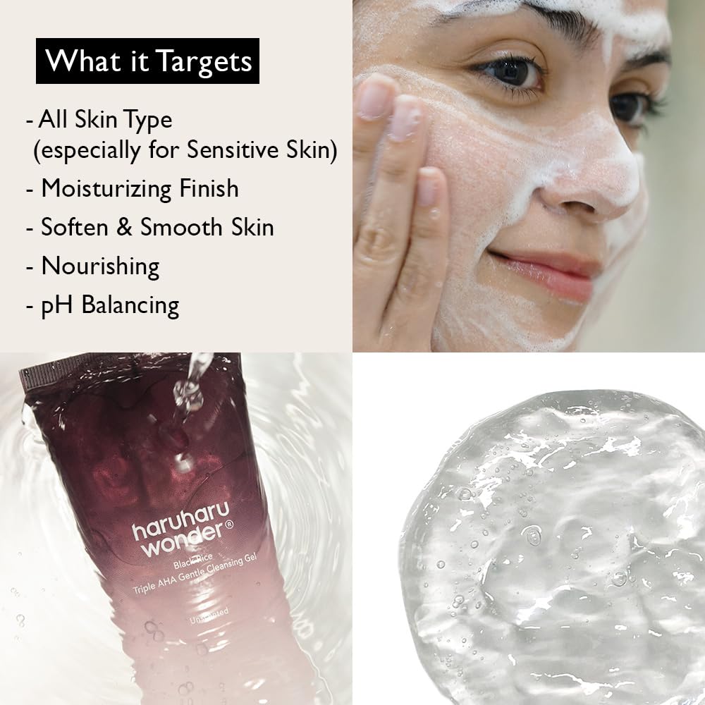 HARUHARU wonder Black Rice Triple AHA Gentle Cleansing Gel 3.38 fl oz, Hydrating Cleansing gel, Gentle exfoliating, Vegan, Travel essentials, Korean Skincare-BrightBean Baby