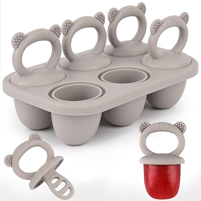 Sakolla Baby Popsicle Molds Mini 6-Cavity Silicone Ice Pop Mold with Sticks Breastmilk Popsicle Molds for Teething Relief Toddler Popsicle Mold for Ice Cream Frozen Yogurt and Fruit Juice (Grey)