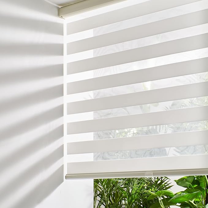 Persilux Zebra Blinds Cordless, Zebra Roller Shades for Windows (34.5" W x 64" H, Cream) Light Filtering Day and Night Window Drapes Sheer Shades for Home, Bedroom and Sliding Door Easy to Install