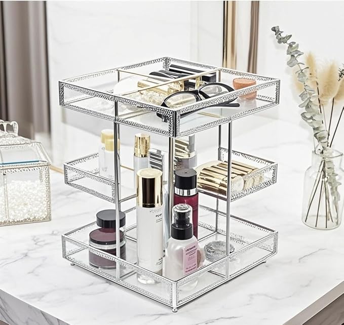Hersoo 360 Degree Rotation Cosmetic Organizer -Premium Makeup Storage with Spin Base,Antique Countertop Cosmetic Storage,Large Capacity,Beauty Display for Countertop,Vanity or Bathroom (silver)-BrightBean Baby
