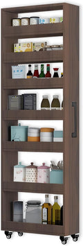7-Tier Slim Storage Cart, Wooden Rolling Pantry Cabinet with Wheels, Narrow Shelf Organizer for Kitchen, Bakers Rack, Dining Room, Closet, Small Spaces Teak 73.2''H*7.8''W*19.6''D