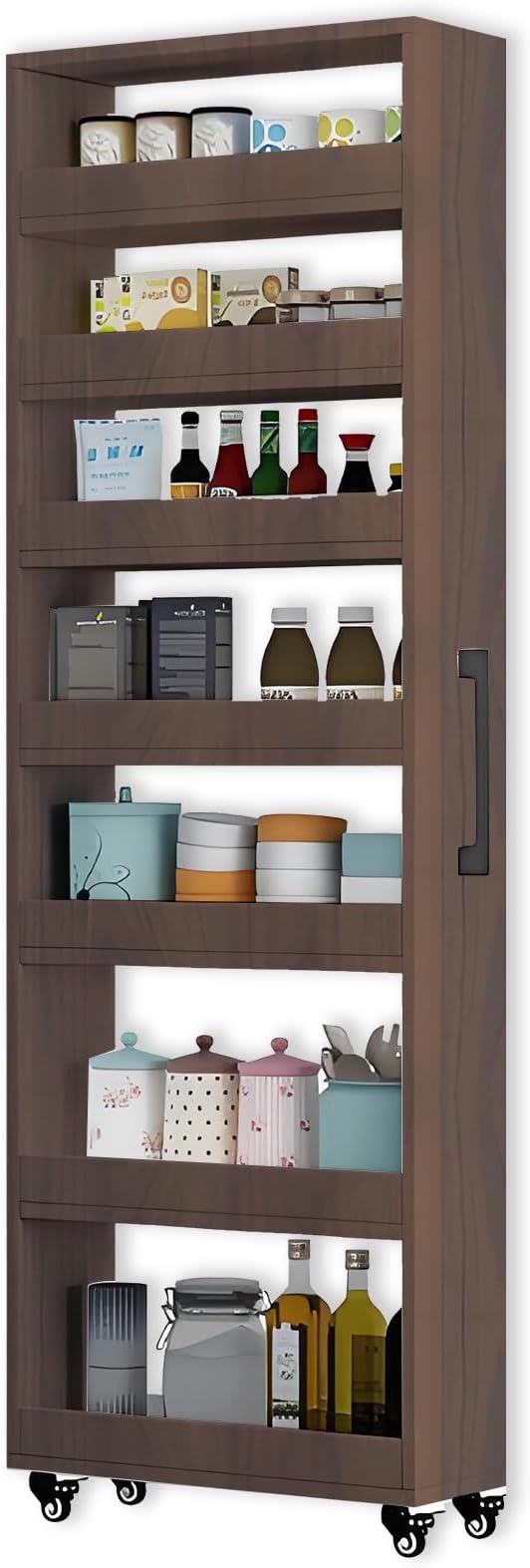 7-Tier Slim Storage Cart, Wooden Rolling Pantry Cabinet with Wheels, Narrow Shelf Organizer for Kitchen, Bakers Rack, Dining Room, Closet, Small Spaces Gray 47.2" H*9.8" W*16.9" D