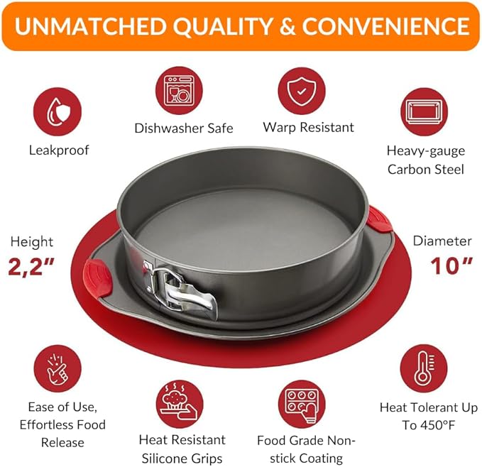 Boxiki Kitchen 10 Inch Nonstick Springform Pan, Professional Spring Form and Cheesecake Baking Mold, Leakproof Cake Pan with Silicone Handles