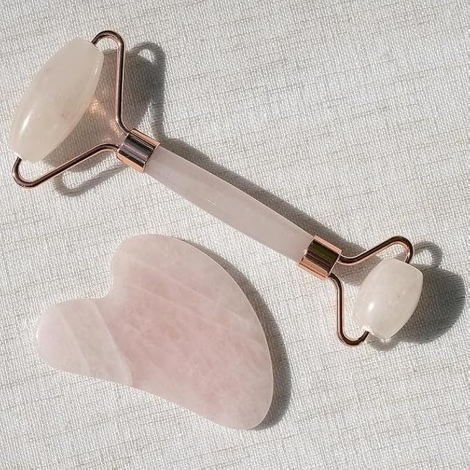Rose Quartz Roller and Gua sha Set | Reduces Wrinkles, Fine lines and Dark Circles | Pink Jade Roller | Anti-aging Massager for Skin Toning and Tightening for Face, Eyes, Neck-BrightBean Baby