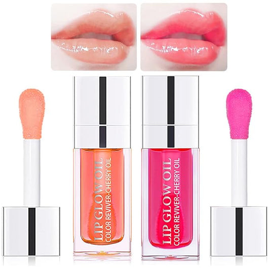 2 Set Lip Oil Hydrating Tinted Lip Balm, Plump Lip Gloss Lip Care Transparent Toot Lip Oil Tinted, Fresh Texture & Non-sticky, Nourishing Repairing Lightening Lip Lines Lip Care Products (Pink / Cherry)-BrightBean Baby