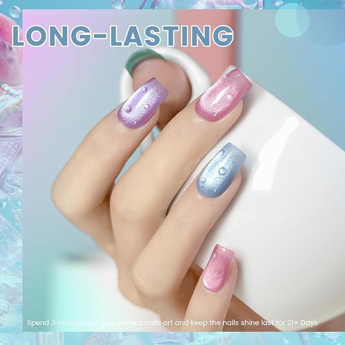 RARJSM Glass Jelly Cat Eye Gel Nail Polish Set 6pcs Reflective Sparkly Diamond Glitter Nude Pink Lake Blue Green Purple Clear Cateye Gelpolish with Magnet Stick 7.5ml Curing Requires for Home Salon-BrightBean Baby