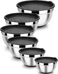 LIANYU Stainless Steel Nesting Mixing Bowls Set of 6 with Airtight Lids, Size 7, 3.5, 2.5, 2, 1.5, 1QT, Large Metal Bowls for Baking Cooking Food Storage, Non-slip Bottom, Black