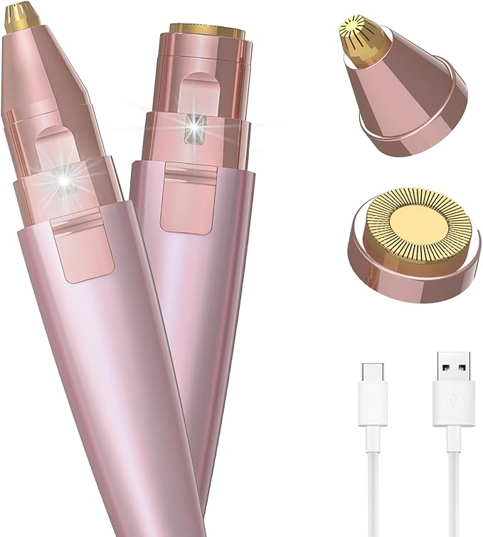 Eyebrow Razor & Facial Hair Removal for Women (2 in 1, USB Rechargeable), 100% Painless Hair Removal, Eyebrow Trimmer and Hair Remover Kit with Light for Eyebrow, Face Peach Fuzz, Lips, Body (Pink)-BrightBean Baby