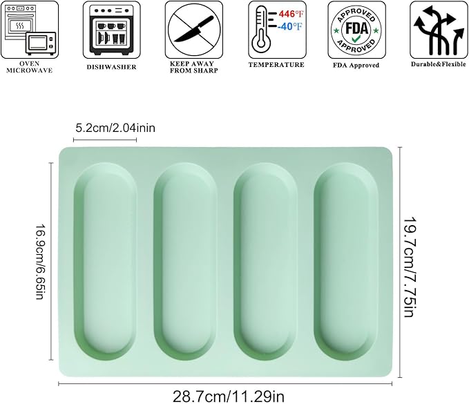 2 Pcs Eclair Silicone Molds Hot Dog Bun Granola Bar Mold Nonstick & Heat proof Baking Pan Bread Mold for Homemade Hotdog Bun Rolls