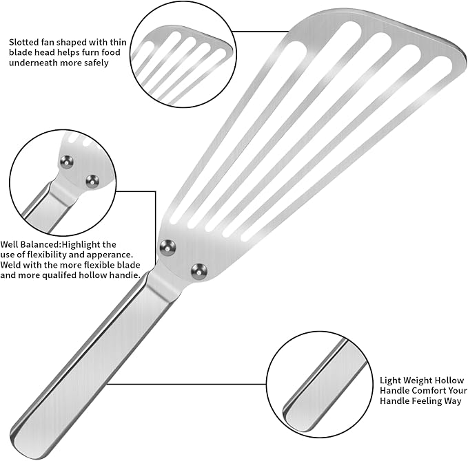 KSENDALO Flexible Fish Spatula Stainless Steel -Slotted Thin Egg Flipper with Riveted Handle, Angled Blade & Hollow Grip, Metal Turner for Cooking Fish Egg Pancakes (2 pack)