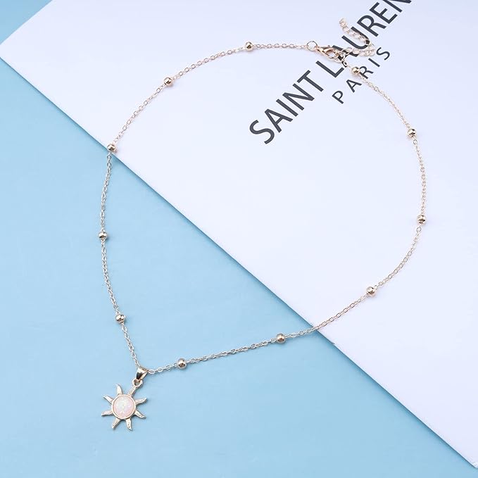 Bohemia Sun Choker Necklace Chain Sunflower Opal Pendant Necklace Gold Satellite Necklace Minimalist Sunflower Necklace Chain Jewelry for Women and Girls-BrightBean Baby