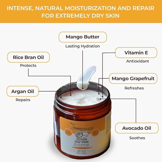 RaGaNaturals Natural Mango Butter Body Cream for Dry Skin for Women, Men - Tropical Plant-Based Hydrating Moisturizer with Avocado Oil and Vitamin E - Non-Greasy, Vegan, Cruelty-Free, Smell Good -8 Oz-BrightBean Baby