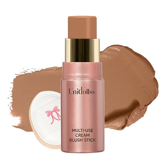 Multi-Use Makeup Cream Blush Stick, Unidollss 3-in-1 Buildable Contour Bronzer Blush Stick, Hydrating formula, All day wear, Easy Application with Thumb Puff Included (05 SUNSHINE)
