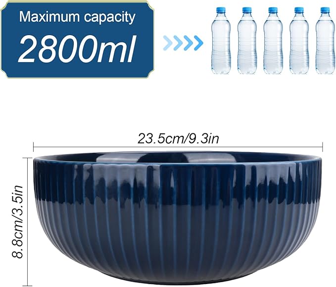Extra Large Salad Bowl, 2800ml Ceramic Fruit Bowl, Stylish Navy Blue Round Vertical Stripe Soup Bowl, Serving Bowl for Salad, Fruit, Noodle, Soup(23.5x8.8cm, 95oz)