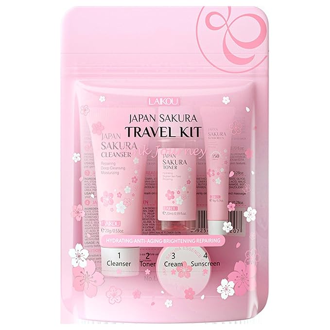 Sakura Travel Skincare Set for Teenage Girls - Face Routine Set for Women,4 Piece Gentle Skin Cleaning & Care Travel Size Kit With Cleanser, Toner, sunscreen and Face Cream-BrightBean Baby
