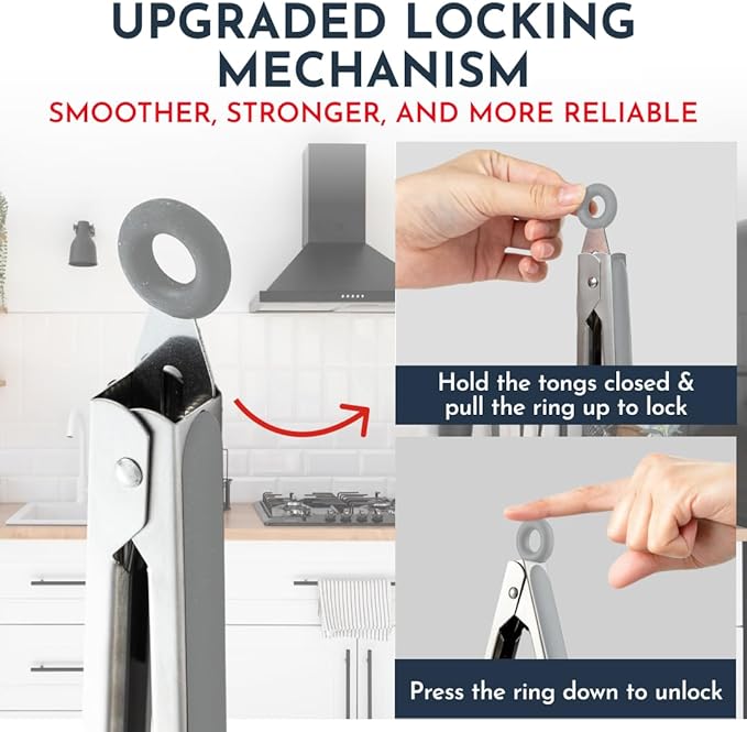 Kitchen Tongs for Cooking with Silicone Tips, Heat Resistant Tongs for Serving Food, 7-Inch, 9-Inch, 12-Inch Locking Silicone Tong, Set of 3 Salad Tong, Grey Kitchen Utensils