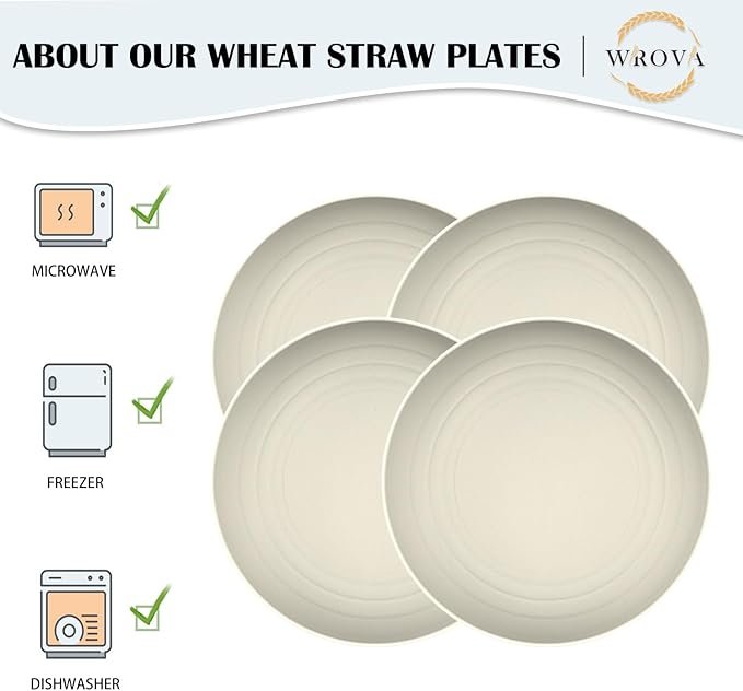 Wrova Large Wheat Straw Dinner Plates - 11 Inch Set of 8 - Unbreakable, Dishwasher & Microwave Safe - Deep Edge for Kitchen & Camping (Beige)