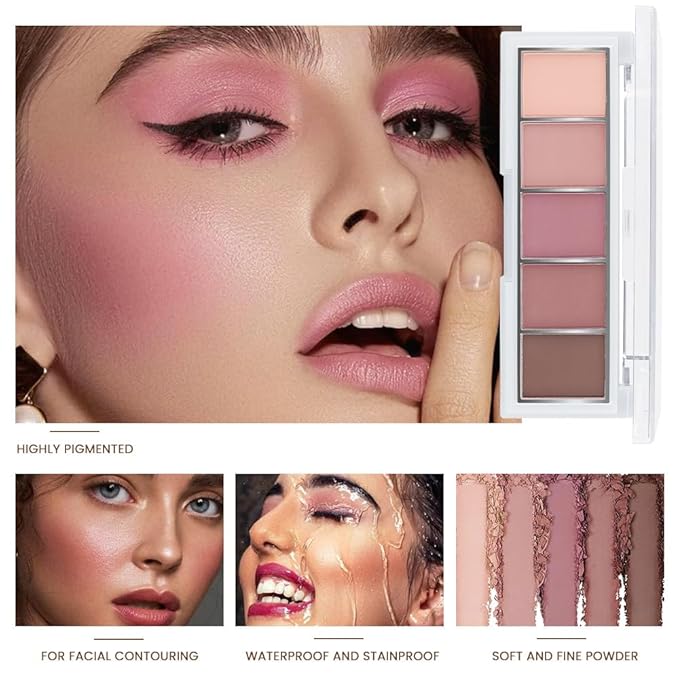 5 Colors Matte Pink Eyeshadow Makeup Palette, Nude Pink Rose Mauve Brown Cocoa Neutral Matte Cream Mini Eye Shadow Palette Makeup for Older Women Blue Green Eye, Blush Contour Palettes sombras de ojos-BrightBean Baby