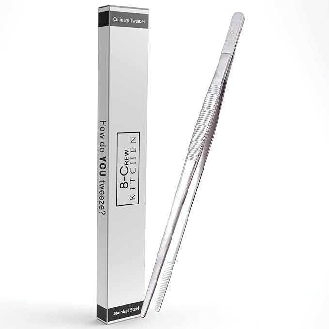 8-CREW KITCHEN Culinary Stainless Steel Tweezers, 8-inch Straight Tip Chef Precision Tongs for Plating, Decorating, Food Design, Bar and Multi-Purpose