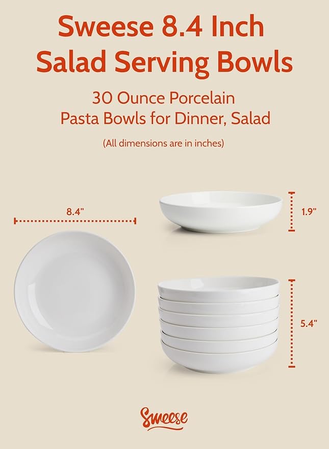 Sweese Large Salad Serving Bowls, 30 Ounce Porcelain White Pasta Plates Set of 6, 8.4 Inch Pasta Bowls for Dinner, Salad - Microwave Dishwasher