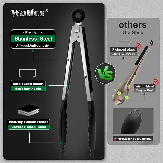 Walfos Small Silicone Tongs for Cooking- 7 inch Mini Kitchen Tongs with Silicone Tips, Great for Cooking, Turning, Serving, Food tongs Set of 3