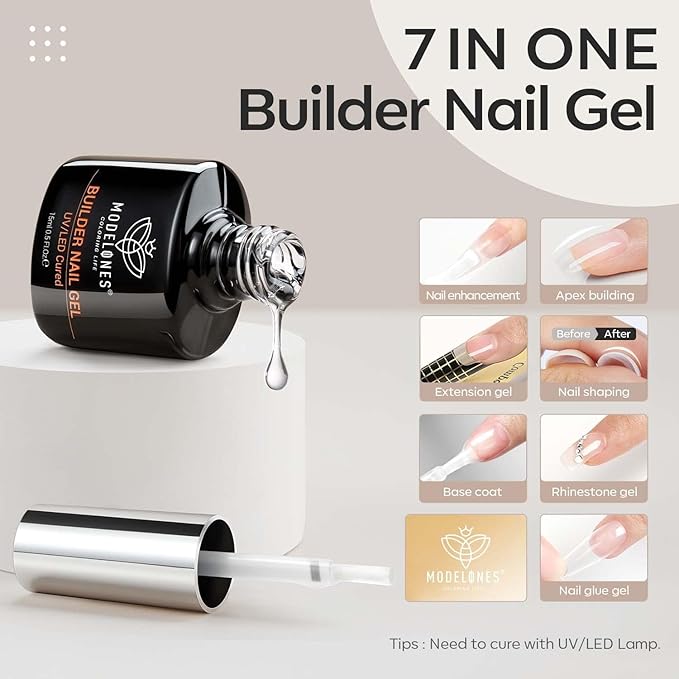 modelones Builder Nail Gel, 7-in-One Clear Builder for Nails, LED Lamp Cured Color Rubber Base Gel Polish Coat Strengthener Thickening Extension Rhinestone Glue in a Bottle for DIY Home Salon Gifts-BrightBean Baby