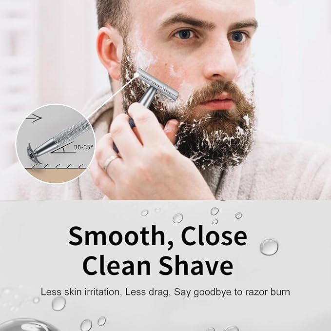 Double Edge Safety Razor with Stand, Single Blade Razors for Men and Women, Reusable Metal De Razor, Men's Safety Shaving Razors with 10 Double Edge Blades, Smooth and Close Shave, Matte Silver-BrightBean Baby