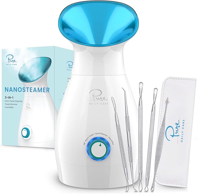 Pure Daily Care NanoSteamer Large 3-in-1 Nano Ionic Facial Steamer with Precise Temp Control - Humidifier - Unclogs Pores - Blackheads - Spa Quality - Bonus 5 Piece Stainless Steel Skin Kit (Teal)-BrightBean Baby