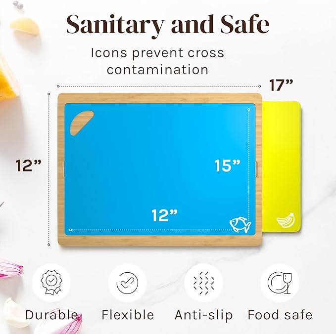 Personalized Easy-to-Clean Bamboo Wood Cutting Board with set of 6 Color-Coded Flexible Cutting Mats with Food Icons - Chopping Board Set