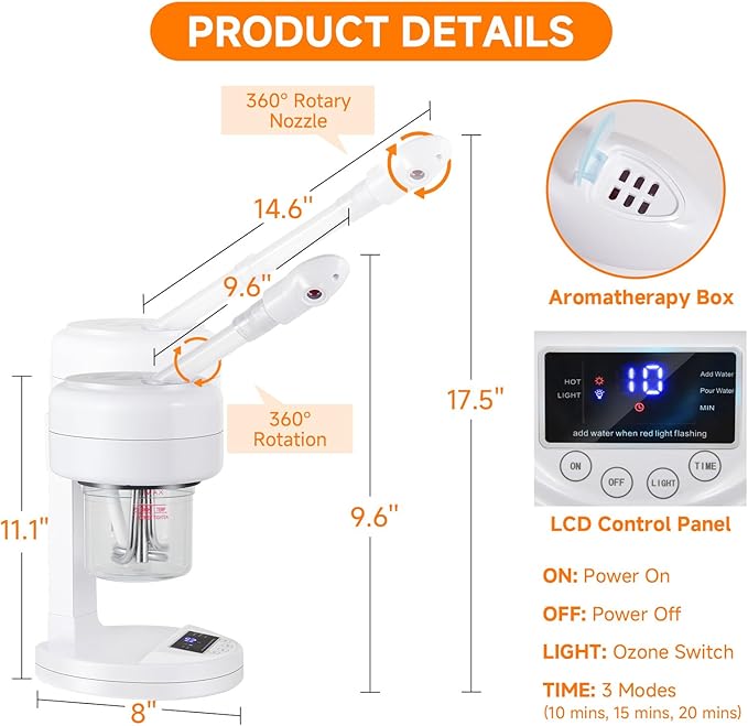Ozone Facial Steamer, Portable Nano Ionic Face Steamer with LCD Screen, Extendable 360° Rotating Arm, Rotatable Nozzle, Hot Mist Function for Personal Care at Home or Salon-BrightBean Baby