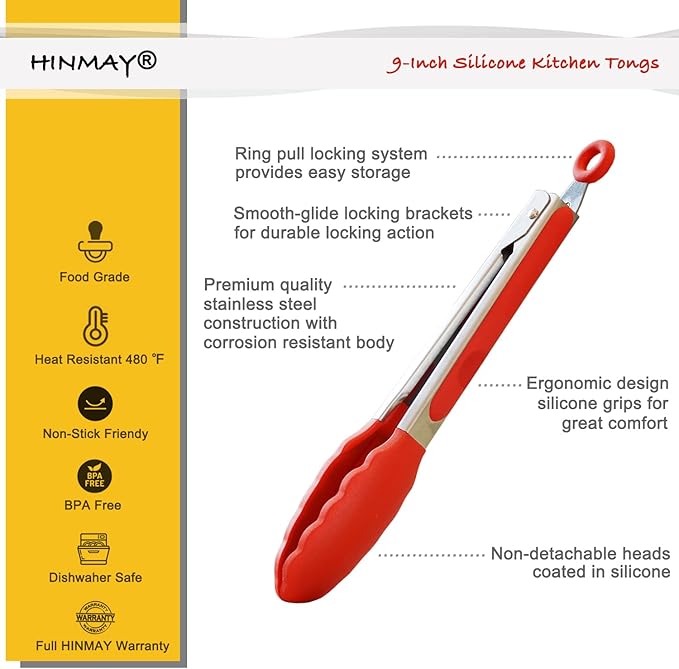 9" Silicone Kitchen Tongs with Silicon tips, Set of 3 (Red Blue Green)