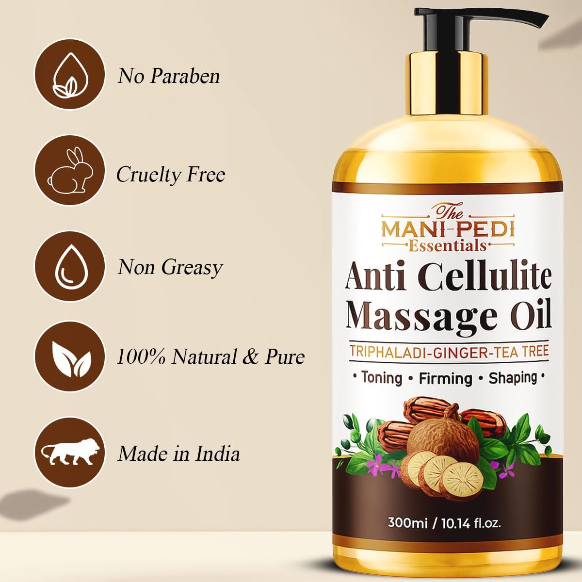 Anti Cellulite Massage Oil with Ginger Oil, Tea-Tree Oil & Natural Herbs for Toning, Firming & Shaping. 100% Natural Ingredients, Non-Sticky Texture - 10 Fl Oz-BrightBean Baby