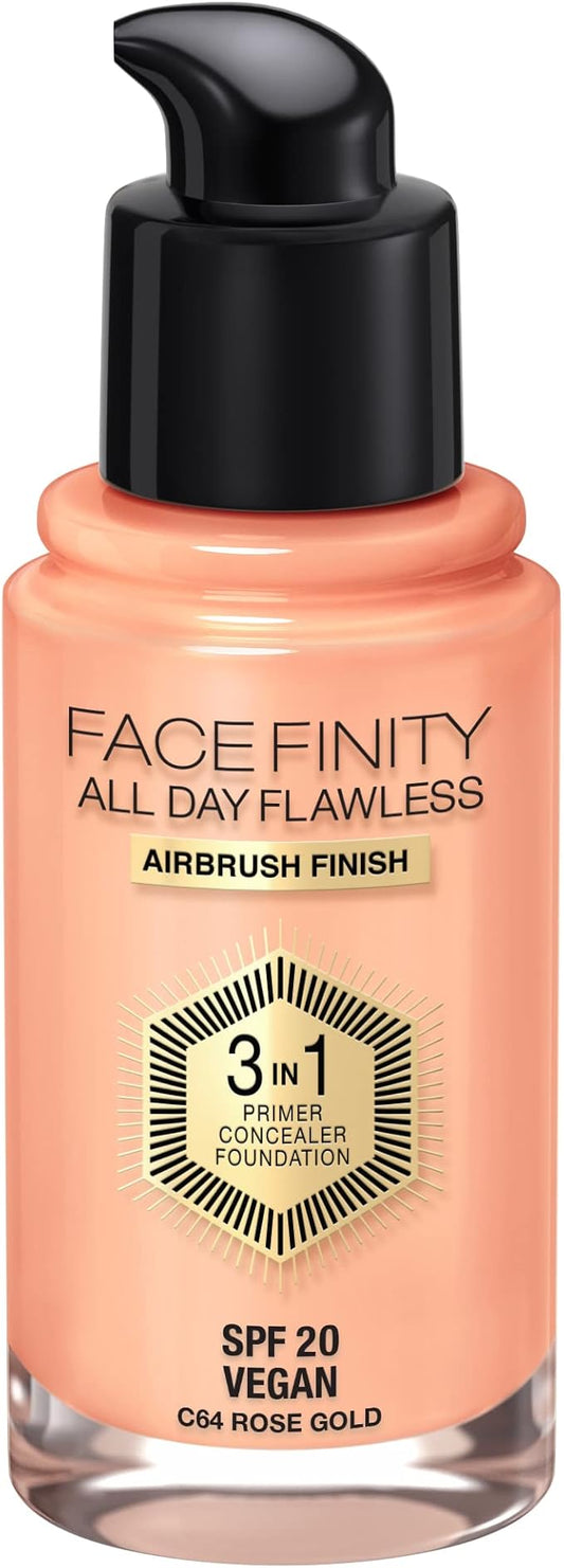 Max Factor Facefinity 3-in-1 All Day Flawless Liquid Foundation, SPF 20-64 Rose Gold, 30 ml-BrightBean Baby
