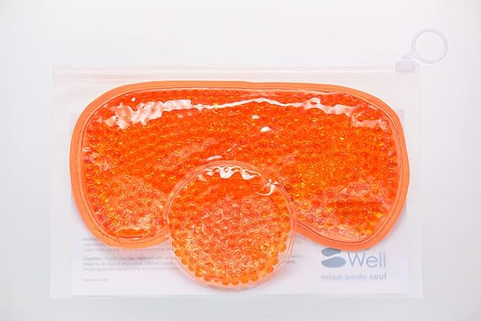 HOT +Cold Aqua Pearls Plush Eye Mask with Soft Plush Backing and Fully Adjustable Strap, Bonus Mini Round pad-2PACKS(Orange, Eye Mask+ Mini Round Pad)-BrightBean Baby