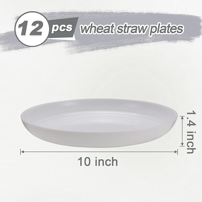 12 Pcs Unbreakable Deep Dinner Plates Set, 10 inch Reusable Plastic Wheat Straw Plates, Microwave and Dishwasher Safe Plate for Kitchen, Lightweight Plate for Dessert, BPA Free, White
