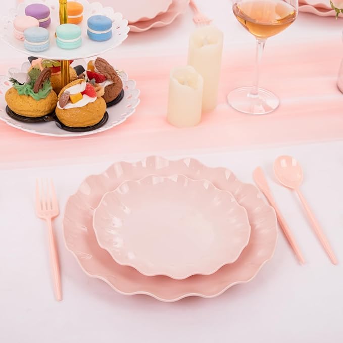 LIYH 24 Pcs Pink Plates Reusable, Pink Plastic Scalloped Plate Durable and Dishwasher Safe,Baby Shower Plate, Light Weight Daisy Plastic Wavy Plates for Wedding Party Birthday