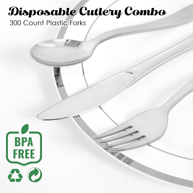 FOCUSLINE 300 Pack Disposable Silver Plastic Forks, Solid and Durable Plastic Cutlery Forks, Heavy Duty Disposable Utensil Silverware for Catering, Parties, Dinners, Weddings