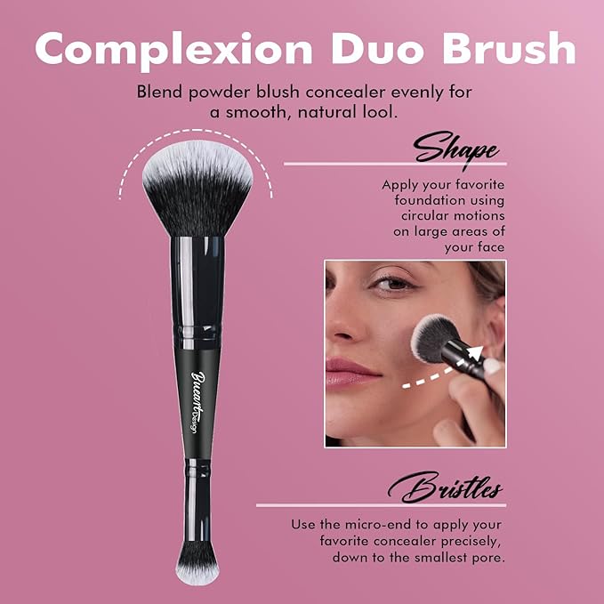 Bueart Design Complexion Duo Brush and Liquid & Bronzer Contour Makeup brushes set with ultra-soft dense hair Double-ended for Foundation Liquid Cream Concealer,Vegan and Cruelty-Free,M18-BrightBean Baby