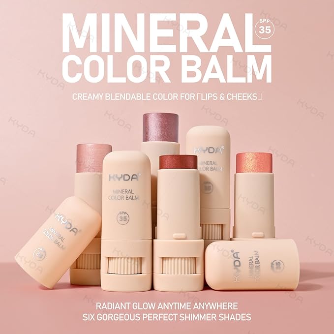 KYDA 3 Colors Mineral Color Balm, Buildable Shimmer Color for Lips and Cheeks, Broad spectrum SPF 35, Natural Shimmer Finish, Lightweight Blendable Creamy, Multiuse Blush Stick, Set A-BrightBean Baby