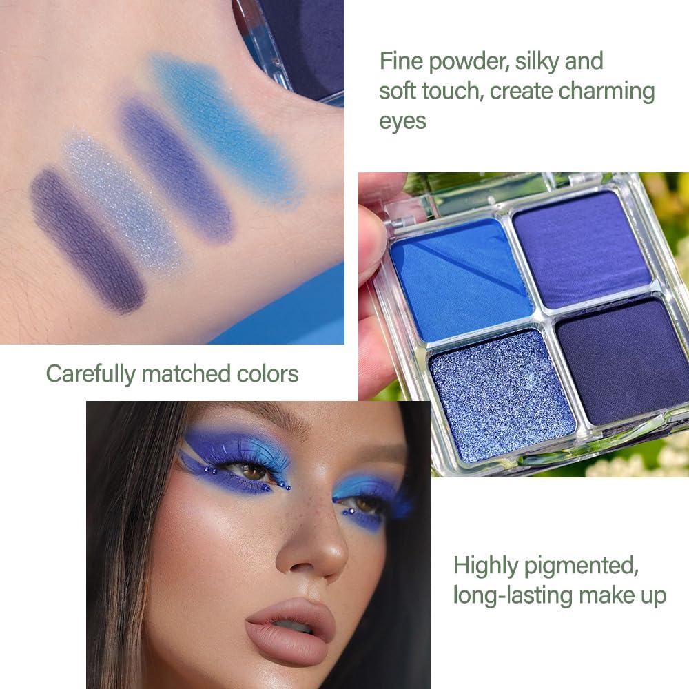 Navy Blue 4Colors Eyeshadow Makeup Palette,Royal Blue Natural Neutral Powde Eye Shadow Palettes for Older Women,Long Lasting Naturing-Looking,Lightweight,Waterproof,Eye Makeup Kit Travel Size,Vegan-BrightBean Baby