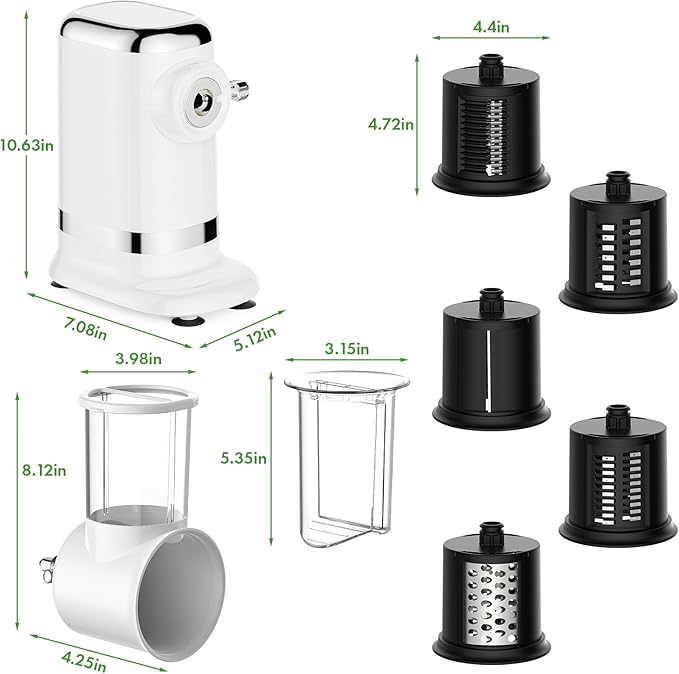GVODE 5-in-1 Electric Cheese Grater and Vegetable Slicer – 700W Powerful Rotary Grater for the Kitchen with Multiple Attachments, White