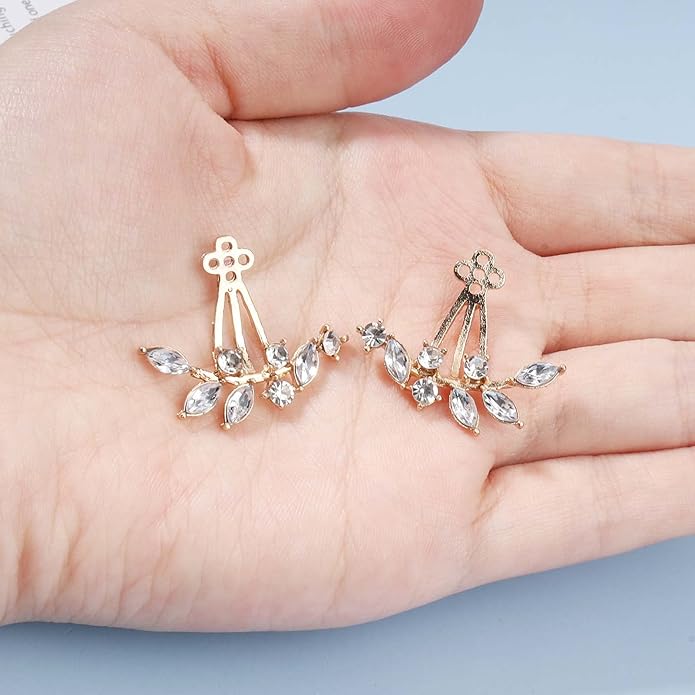 Boho Crystal Leaf Ear Jackets Earrings Gold Cz Crystal Earrings Rhinestone Front Back Studs Earrings Minimalist Earrings Jewelry for Women and Girls Gifts-BrightBean Baby