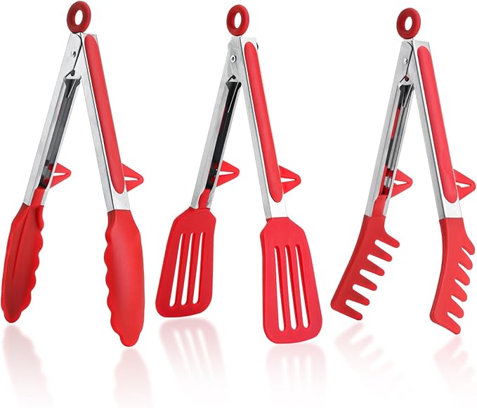 Kitchen Tongs,Set Of 3 Tongs with Silicone Tip for Cooking 9/12 Inch Stainless Steel Kitchen Tong for Meat,Food Grill,Salad,BBQ,Frying,Serving,Dishwasher (Red, 12 Inch)