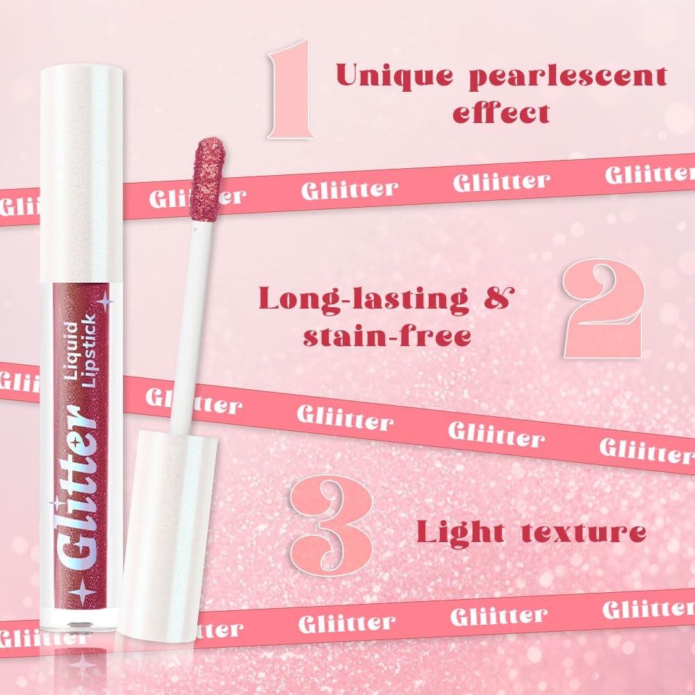 Red Brown Metallic Lipstick for Women,Lightweight Glitter Sparkling Liquid Lipsticks,Shimmer Lip Gloss Stain Long Lasting Waterproof Smudge Proof Non-Drying 24 Hour Full Coverage Lip Makeup,Vegan-BrightBean Baby