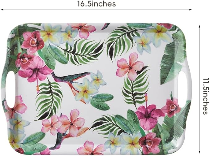 Blue Boat 16.5" x 11.5" Rectangular Melamine Serving Tray Set of 2 Blossom, Light Weight Easy to Clean Sturdy Stackable Serving Tray with Handle, Fruit, Snacks, and Desserts Trays, TV Trays